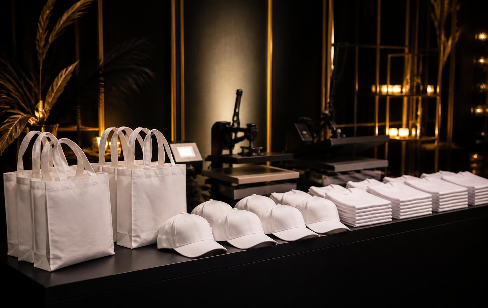 Interactive activation bar with blank totes, hats and tees ready to customize