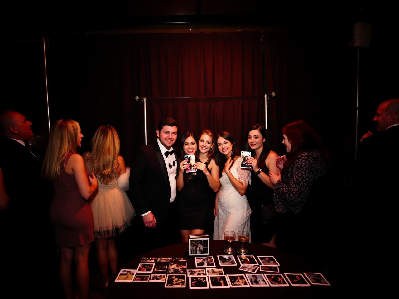 Guests gathered at an elegant photo booth with printed keepsakes on the table