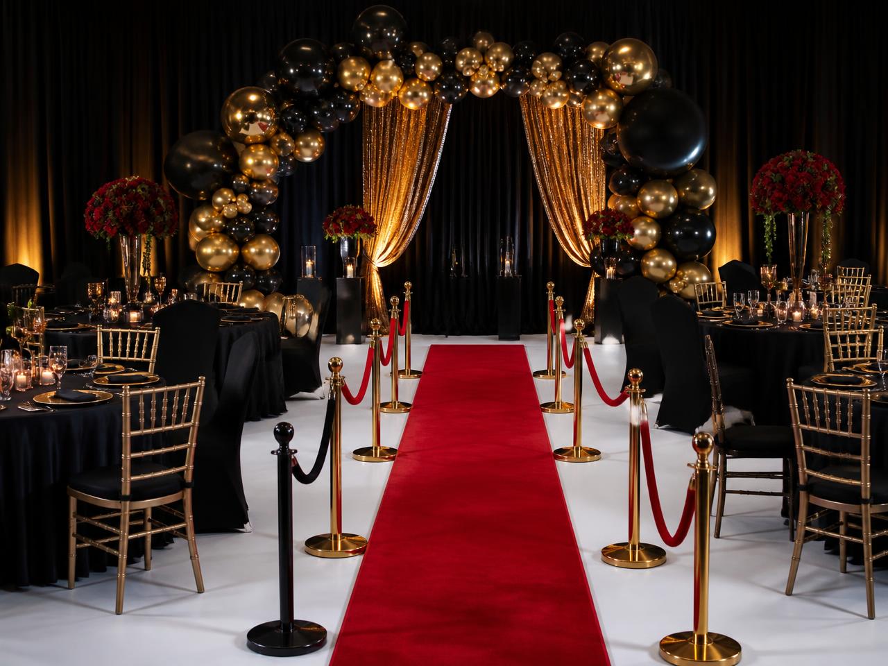 Black and gold balloon installation with red carpet and stanchions
